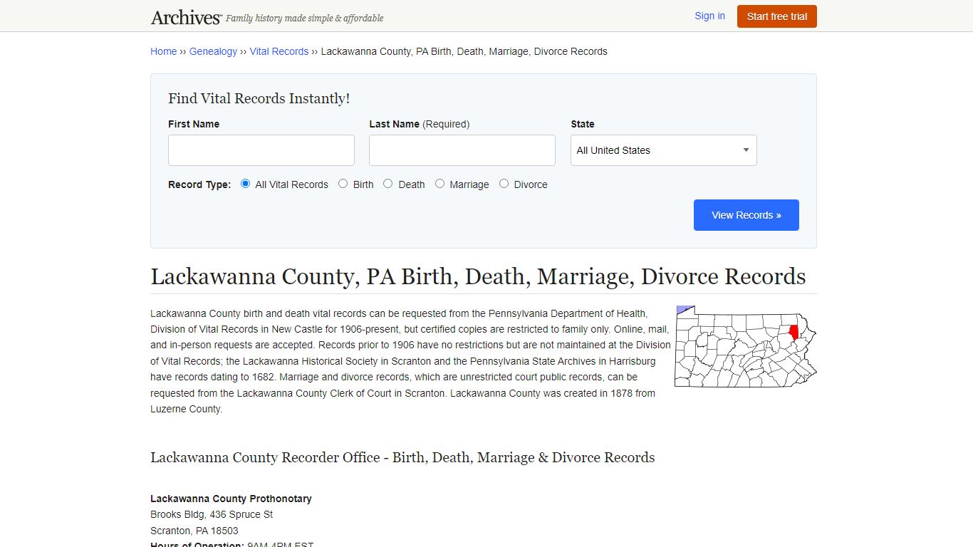 Lackawanna County, PA Birth, Death, Marriage, Divorce Records